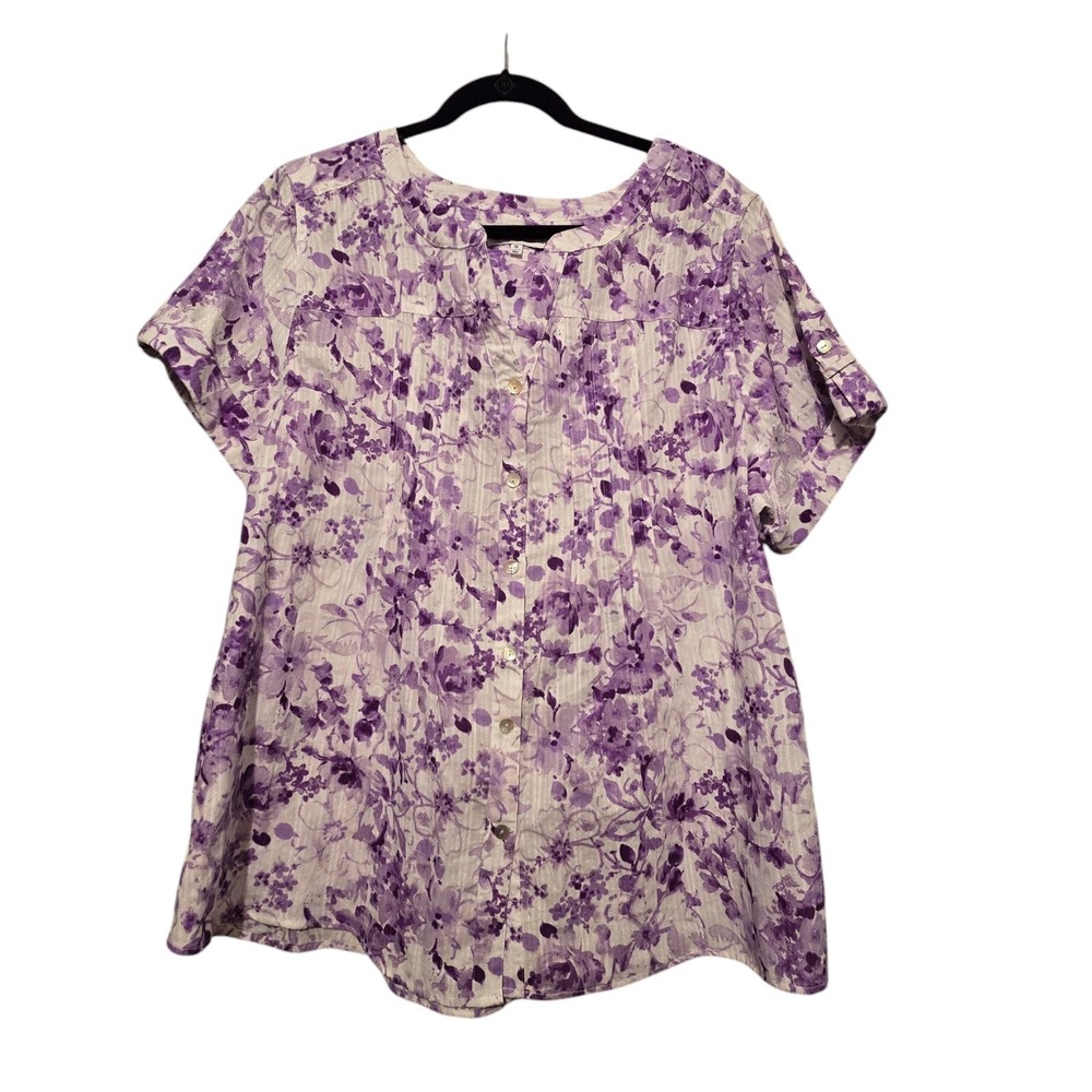 Libertyโ Lane Womens Blouse 1X Purple Floral Cotton MOP Buttons Summer Cottage